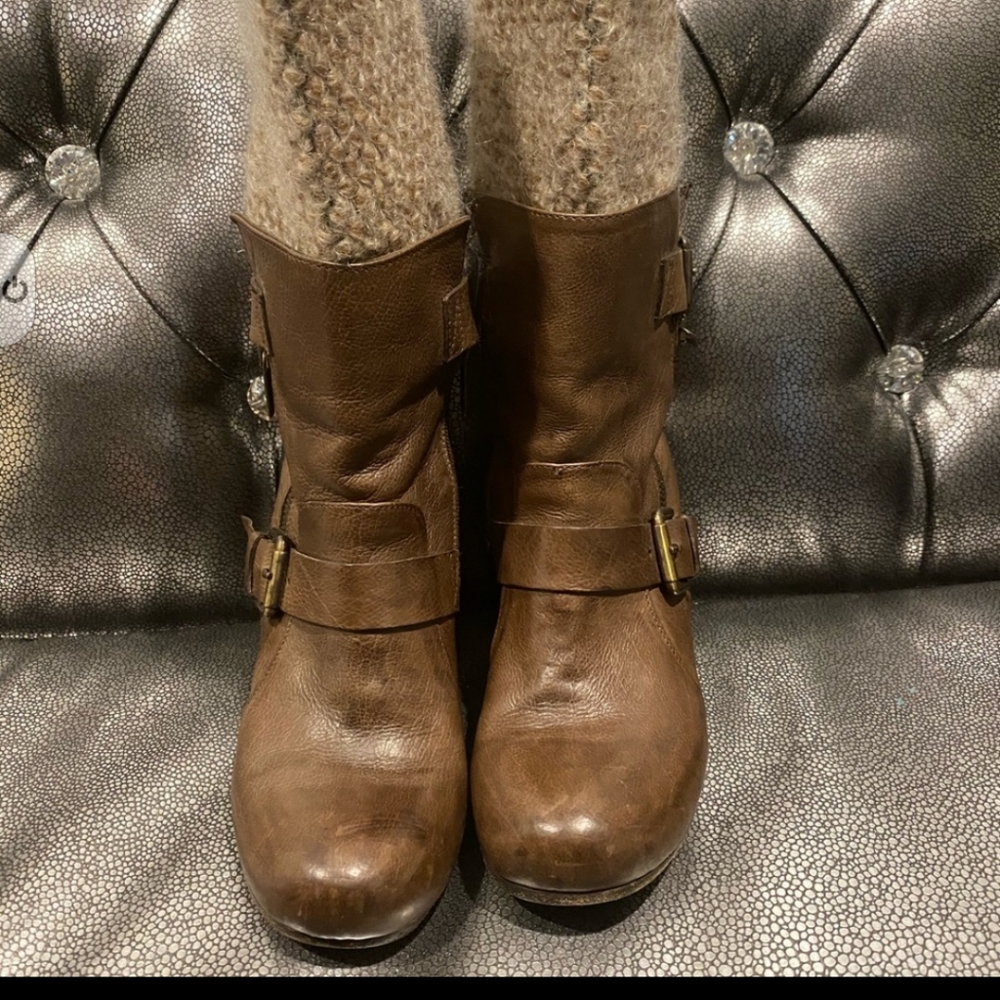 Genuine Brown Leather Wedge Boots (Size 40)